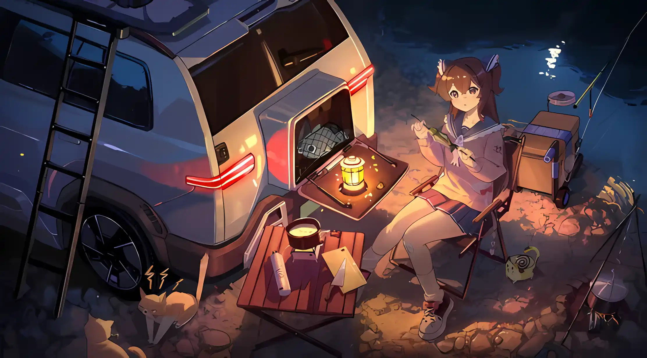 露营少女 汽车露营 夜景 户外生活 动漫风格 温馨治愈 壁纸预览