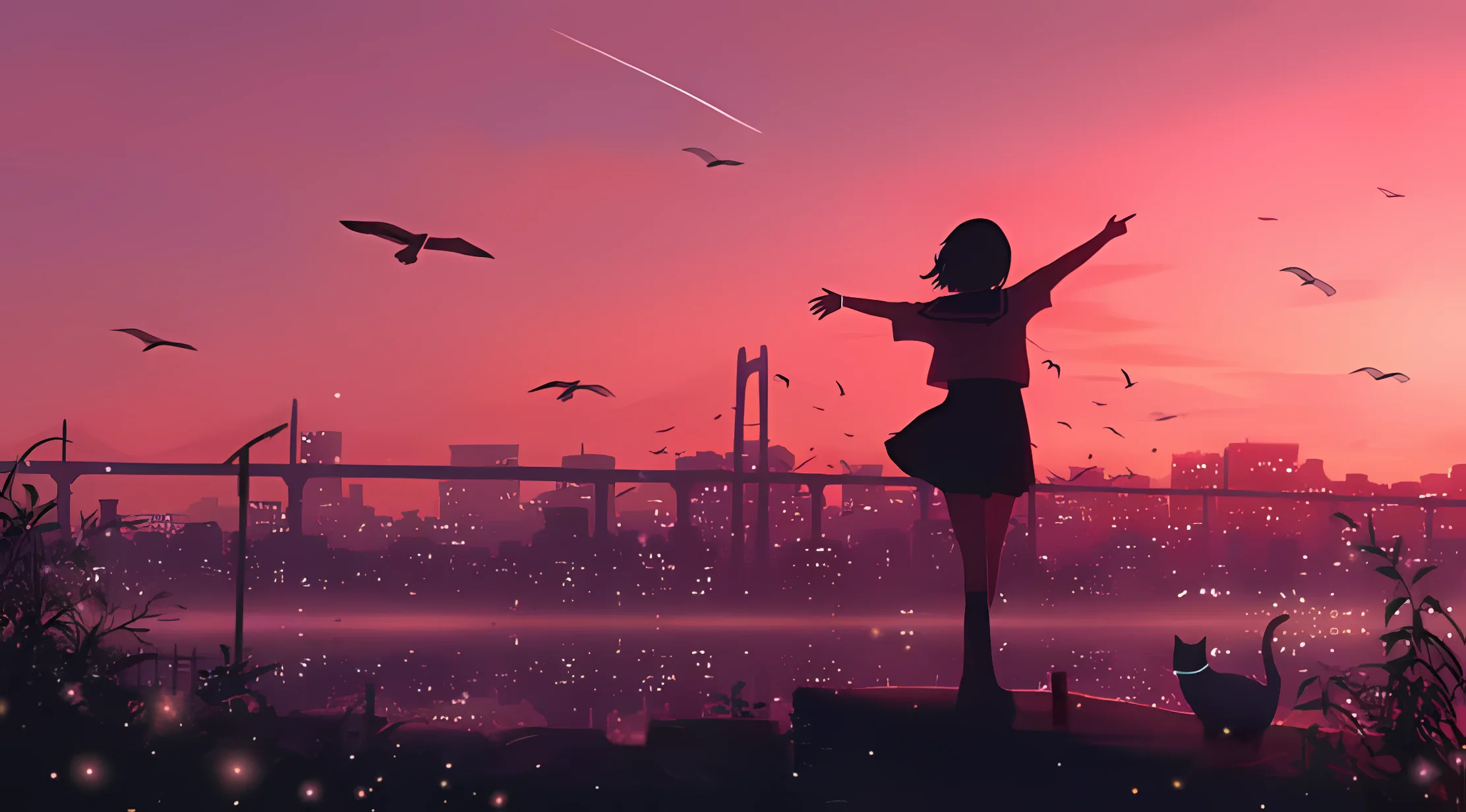 少女剪影 城市黄昏 粉紫天空 黑猫 飞鸟群 赛博朋克色调 壁纸预览