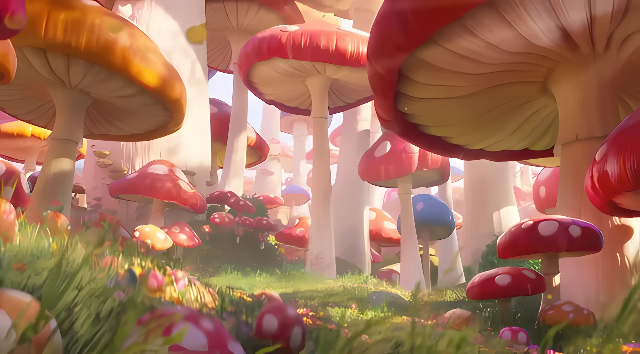 蘑菇森林 奇幻场景 童话风格 暖色调 阳光明媚 草地植被 壁纸预览