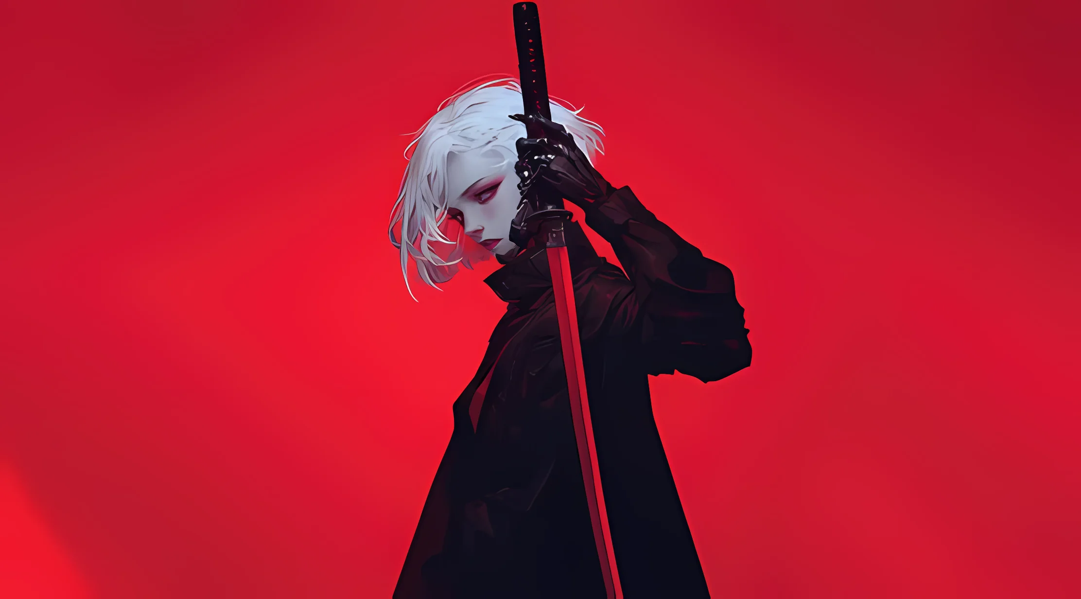 白发 武士刀 黑色风衣 红色背景 动漫风格 女性角色 壁纸预览