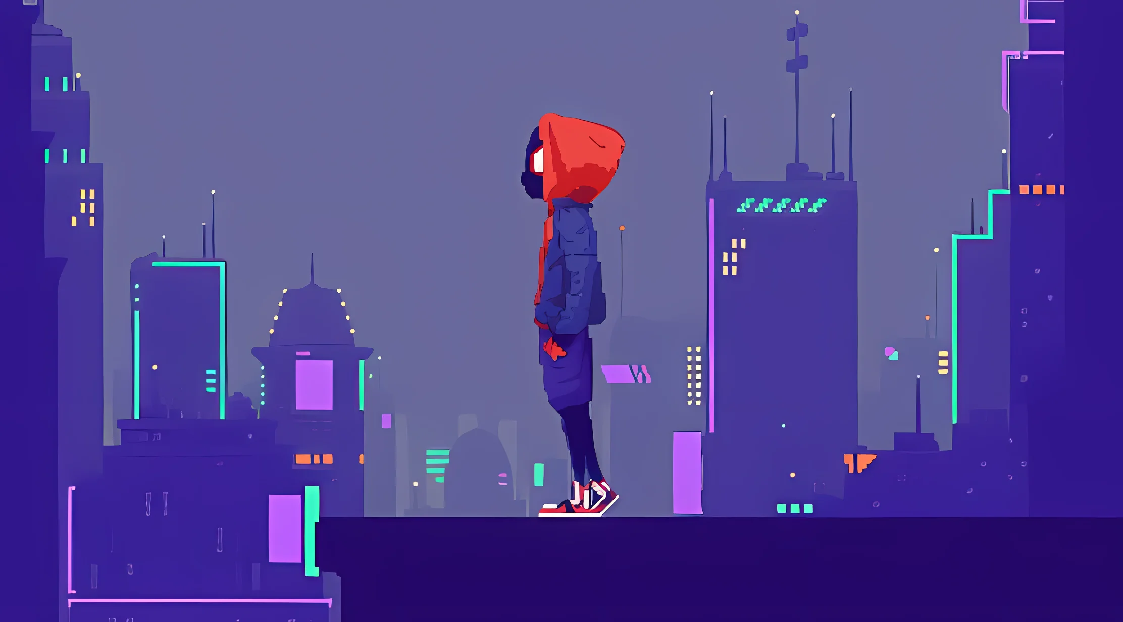赛博朋克 城市夜景 霓虹灯光 孤独人物 扁平插画 紫色调 壁纸预览