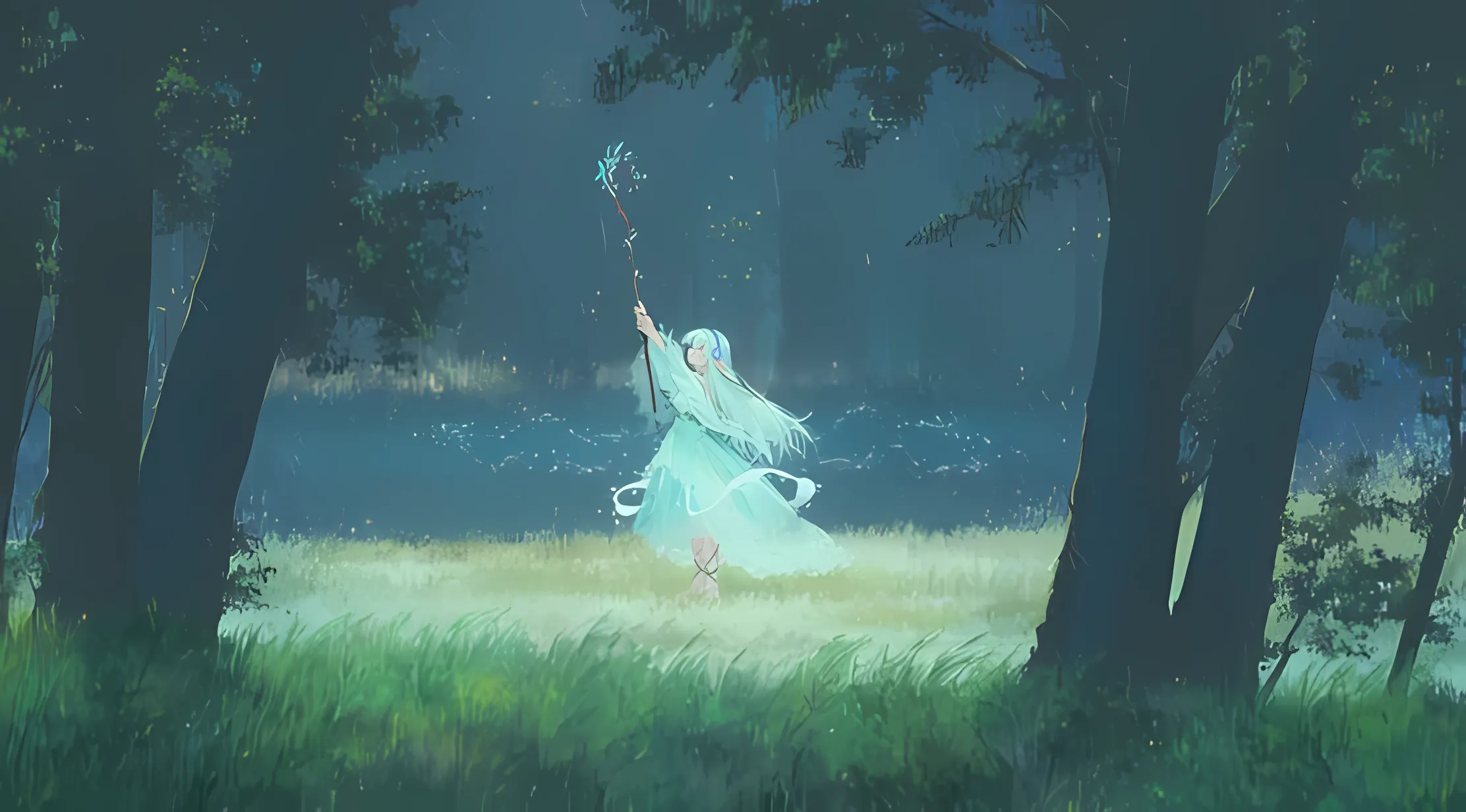 森林 魔法少女 蓝发少女 法杖 夜晚 萤火虫 壁纸预览