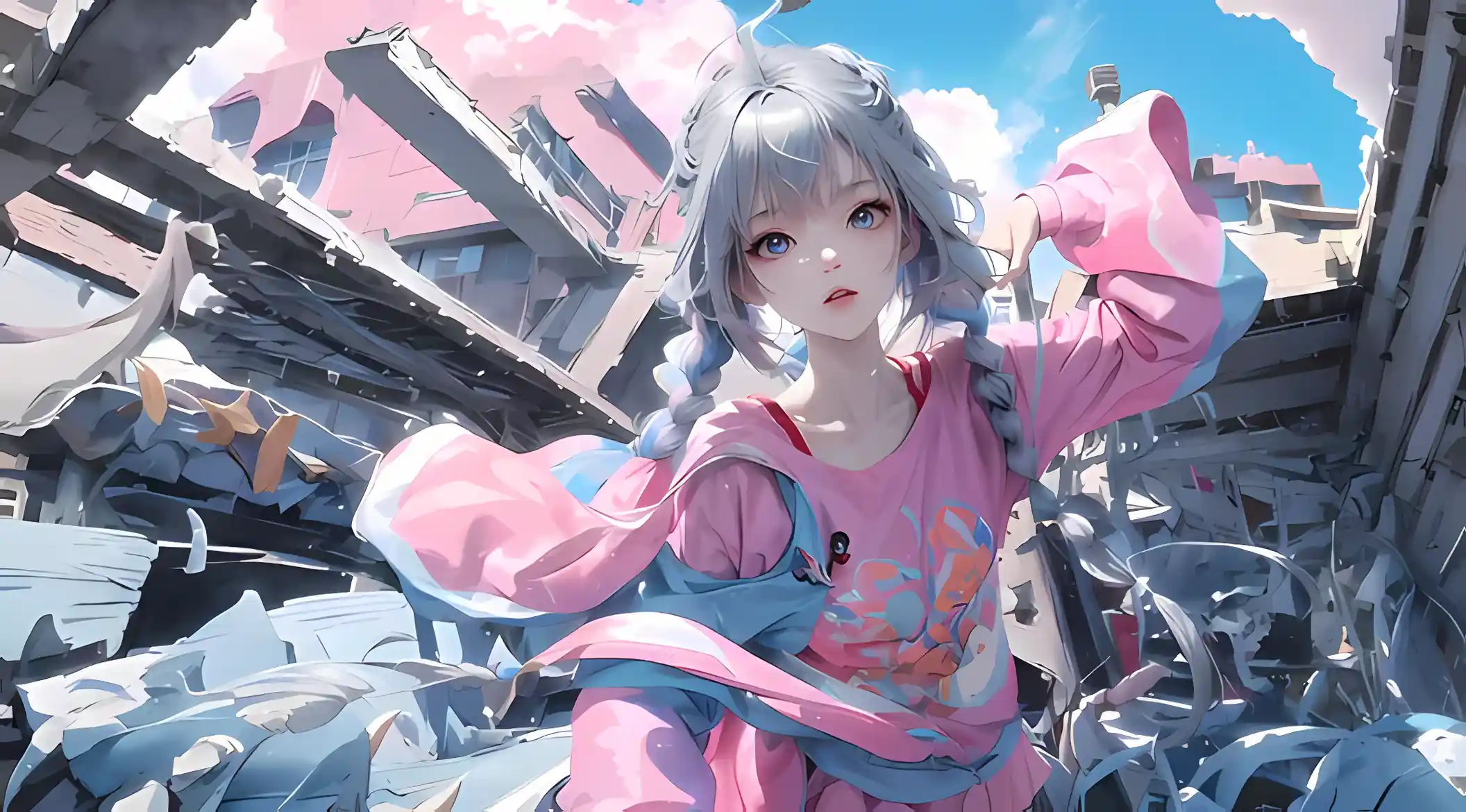 废墟少女 粉蓝配色 双马尾 动漫风格 春日场景 破碎建筑 壁纸预览