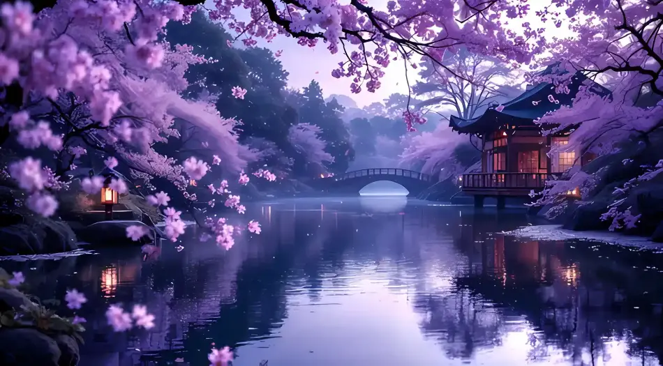 樱花,日式庭院,夜景,湖面倒影,传统建筑,灯笼,拱桥,紫色调,动漫风格,宁静氛围 壁纸预览