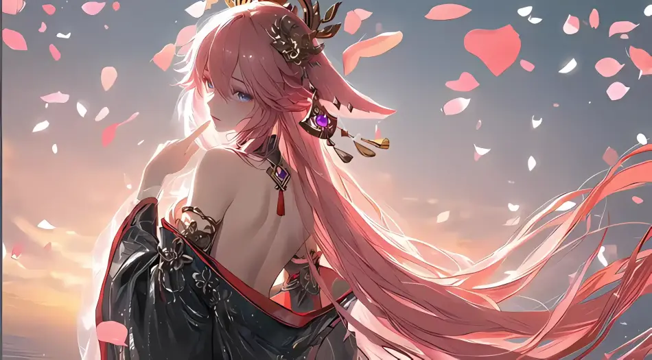 原神,八重神子,粉色长发,和服,露背,樱花飘落,黄昏,动漫壁纸,二次元,唯美 壁纸预览