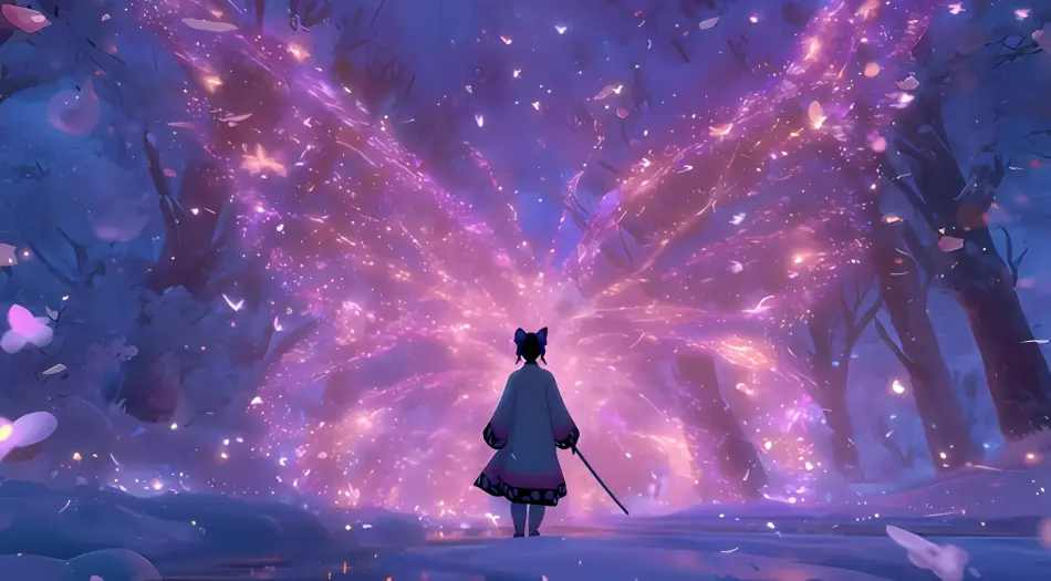 动漫女孩,背影,蝴蝶,发光粒子,森林,紫色,梦幻,剑,和服,夜景 壁纸预览