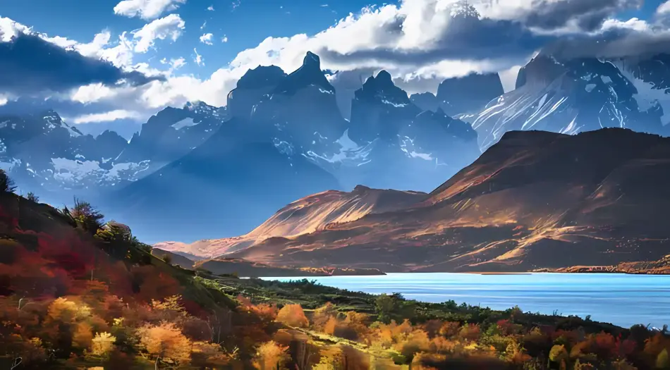 唯美风景,壮丽山脉,户外景观,秋色,湖泊,自然风光,蓝天白云,雪山 壁纸预览