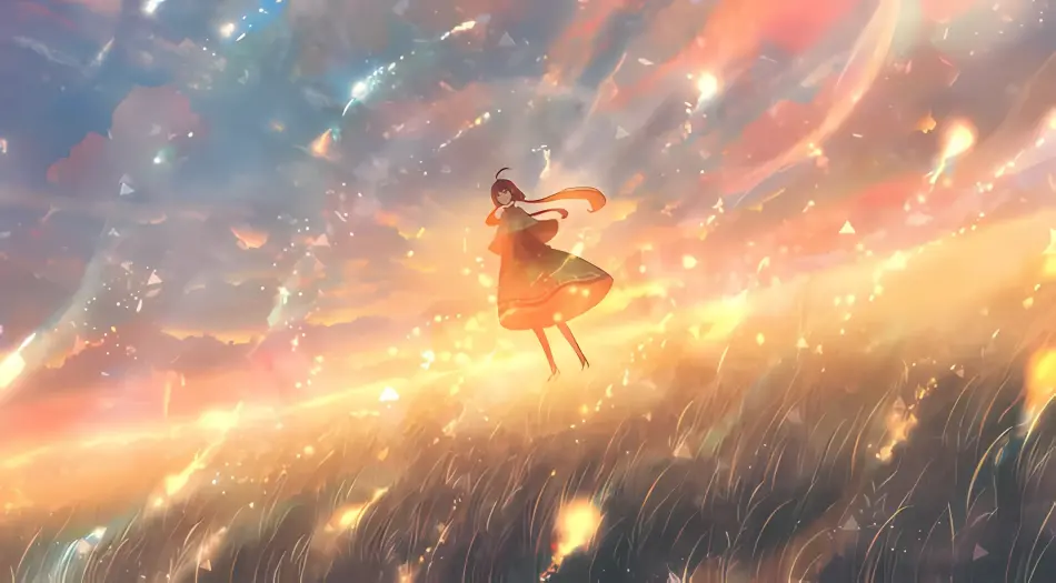动漫少女,夕阳逆光,梦幻天空,唯美插画,悬浮,金色光斑,黄昏原野,二次元壁纸 壁纸预览