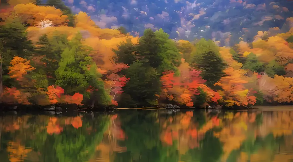 秋季森林,湖面倒影,色彩斑斓,唯美风景,油画质感,自然风光,红叶,静谧湖水 壁纸预览