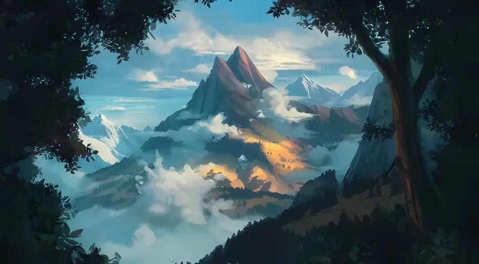 风景,山脉,云雾,动漫风格,阳光,自然,唯美,插画 壁纸预览