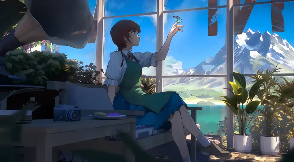 短发少女,指尖蝴蝶,窗边雪山,清新治愈,阳光温室,动漫插画,绿植环绕 壁纸预览