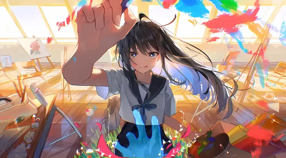 动漫少女,水手服,绘画,美术教室,颜料,阳光,唯美,二次元 壁纸预览