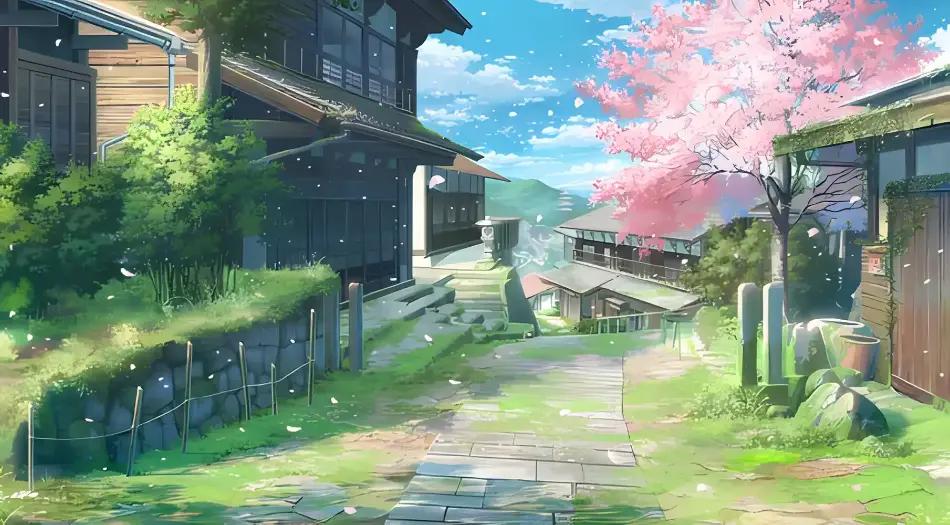 二次元风景,日式街道,樱花盛开,春日暖阳,治愈系,石板路,蓝天白云,乡村风光 壁纸预览