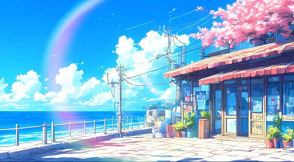 二次元风景,海滨街道,蓝天白云,彩虹,樱花,街边小店,清新治愈,夏日氛围 壁纸预览