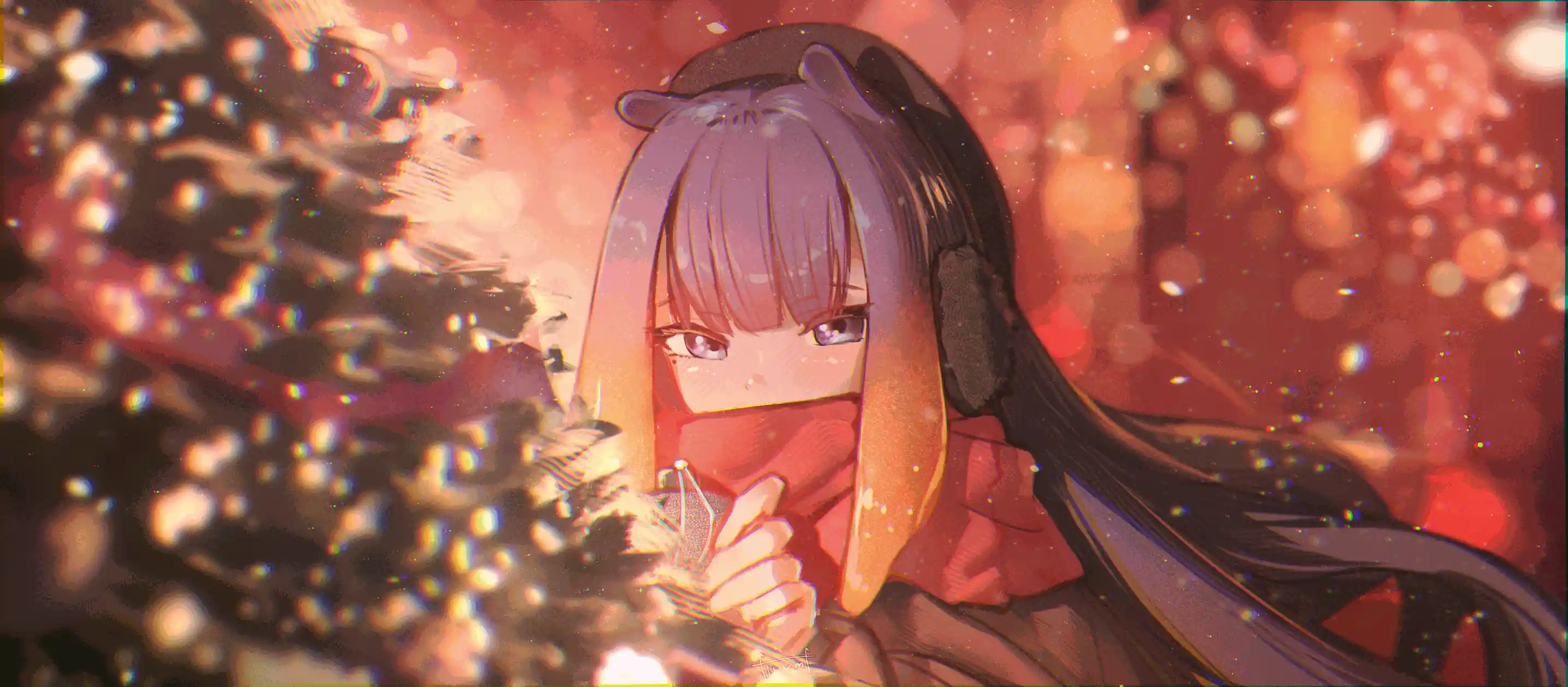 动漫少女 兽耳 冬日雪景 红色围巾 暖色调 梦幻光斑 壁纸预览