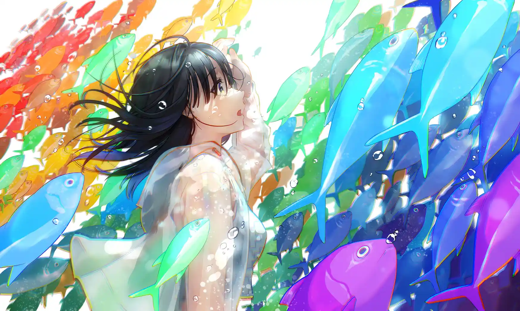 二次元 少女 彩色鱼群 水下 绚丽色彩 梦幻 壁纸预览