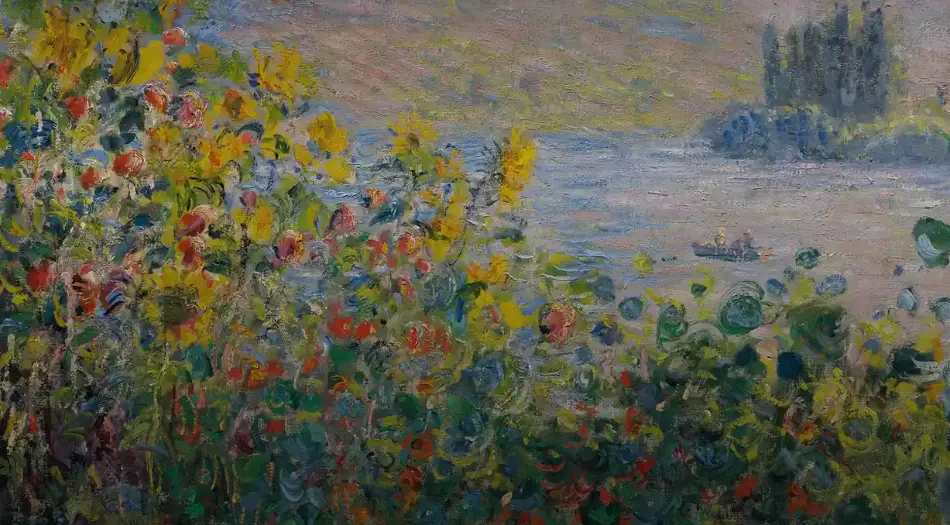印象派,油画,花园,花朵,河流,小船,风景 壁纸预览