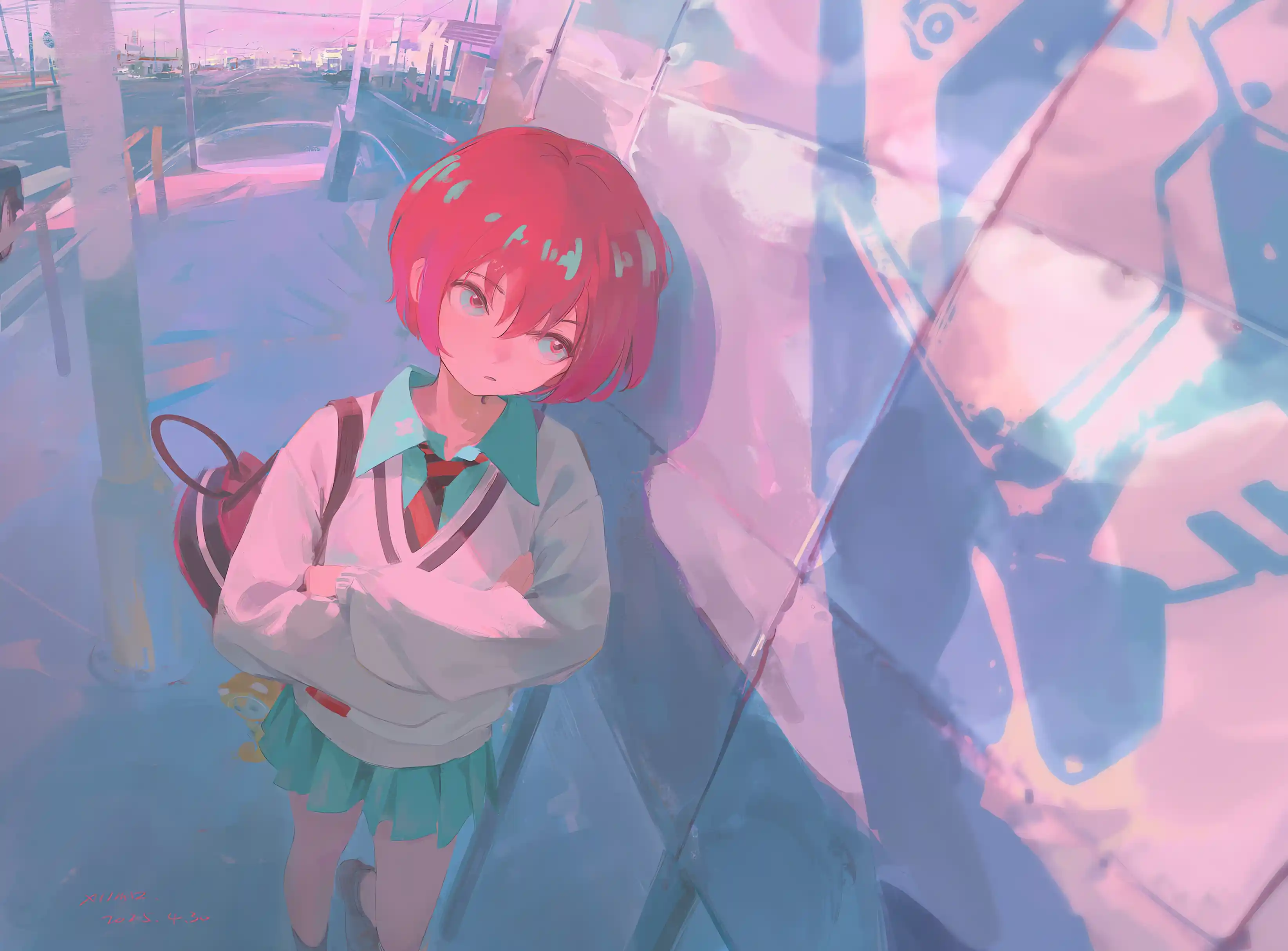 二次元 粉发少女 校服 街头 唯美 梦幻 壁纸预览