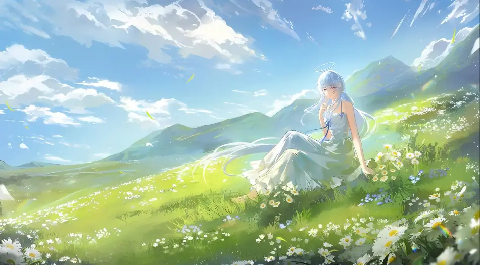 二次元,动漫少女,天使,花海,蓝天白云,治愈系,清新,唯美 壁纸预览